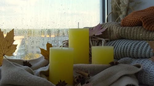 Cozy Window Display with Candles and Fall Decor
