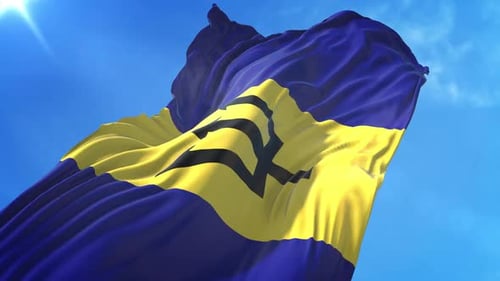Barbados National Flag Waving in Blue Sky