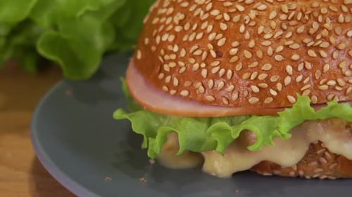 Hamburger with Green Lettuce Cheese and Ham on Wooden Cutting Board Sandwich