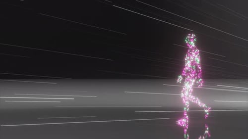 Abstrakte Animation einer menschenähnlichen Figur aus leuchtenden lila und grünen Partikeln, die hindurchgehen