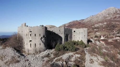 AERIAL - Fort Kosmac and the Adriatic Sea, Montenegro, spinning shot
