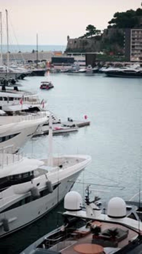 View of boats docked in the Monaco Marina with the skyline of the city on the background. Vertical