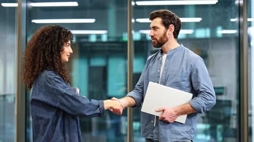 Businesswoman And Businessman Meeting And Shaking Hands In Office