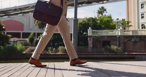 Walking, legs and business man in city for commute, professional and property manager