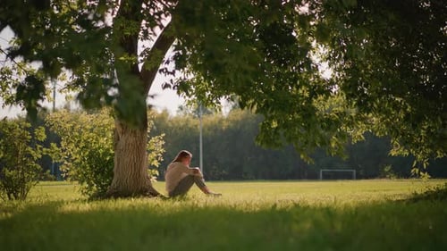 Thoughtful Woman Seated Under Tree in Serene Sunlit Park