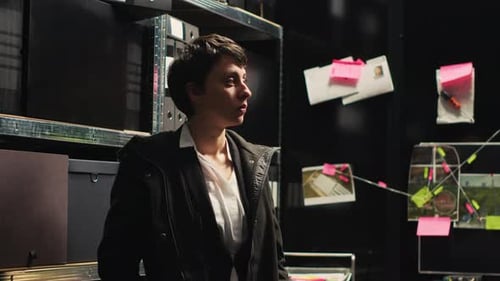 Woman Stands in Investigation Room with Evidence Board