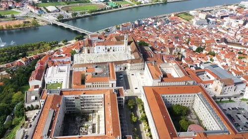 Aerial view of Coimbra downtown along Montego river, Portugal.