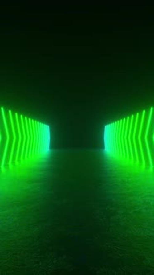 A tunnel of neon lights glows in a dark room