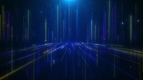 Hi-tech technology tunnel Blue Neon light, sci-fi constructions, 3d objects and hologram. Fly throug