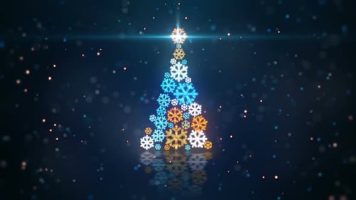 blue orange christmas tree shape of glowing snowflakes loop