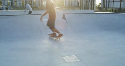 Men, friends and skateboard outdoor for sport, freedom and training together with sunshine at park