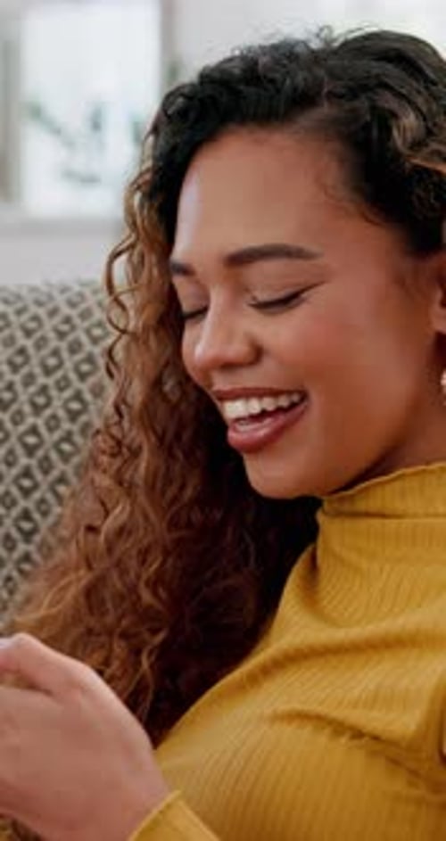 Student, girl and laughing with phone on sofa for study break, college meme