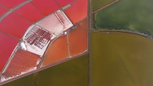 Aerial view of colorful salt pans and fields, Bulgaria.