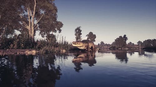 Crocodile reposant près de l'eau au crépuscule dans un paysage serein