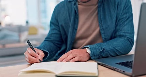 Person, hands writing and work home home planning, brainstorming and ideas in notebook for marketing