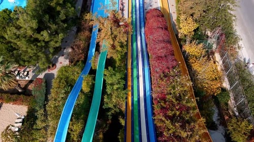 Aerial View of the Aqua Park with Large Pools and Slides in a Luxury Beach Resort