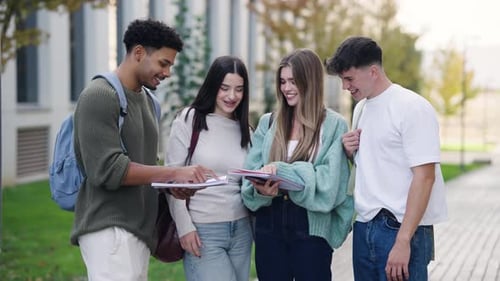 Diverse Group of College Students Discussing Homework Outdoors