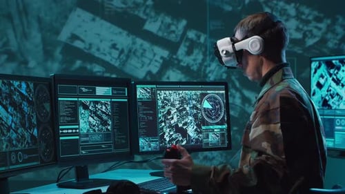 Military Soldier Operating Advanced Technology in a Command Center