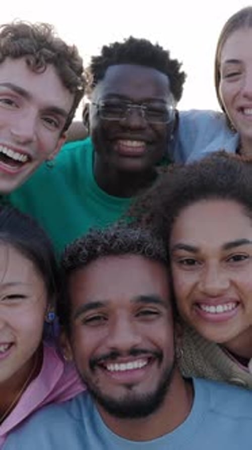 College Student Friends Smiling at Camera Posing for a Group Portrait at Campus
