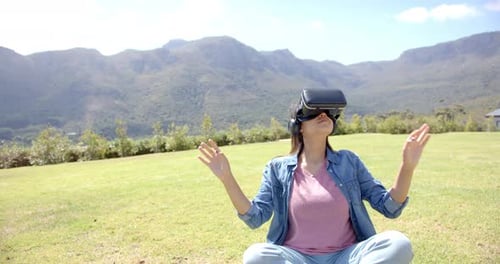 Woman with VR Headset Enjoying Outdoors