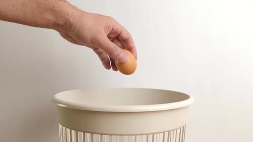 E253 1A Hühnerei mit abgelaufener Haltbarkeit wird in den Recycling- und Entsorgungsbehälter geworfen. Der Cop