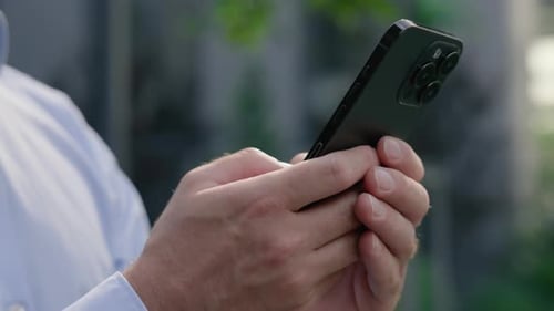 Close Up Caucasian Business Man Male Hands Typing Smartphone Outside City Texting Online Message