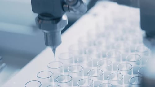 Images rapprochées de la fabrication industrielle de tubes à essai médicaux, du processus de stérilisation et du filage