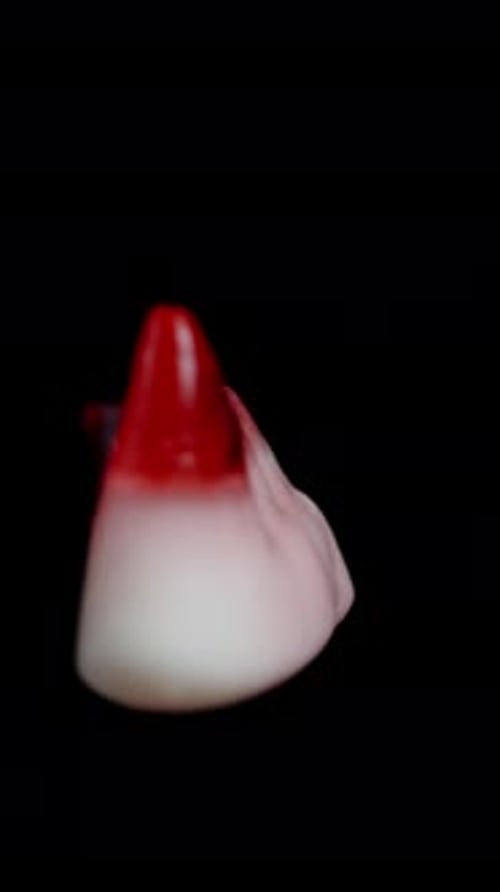 Vertical video. Chewy gummy candy in the shape of red vampire fangs, rotating. Isolated on a black.