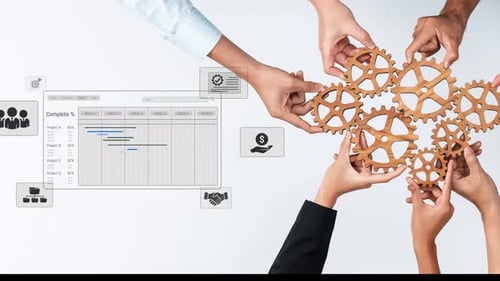 Collaborative Teamwork with Gear Mechanism and Project Management Data Visualization in a Modern Off