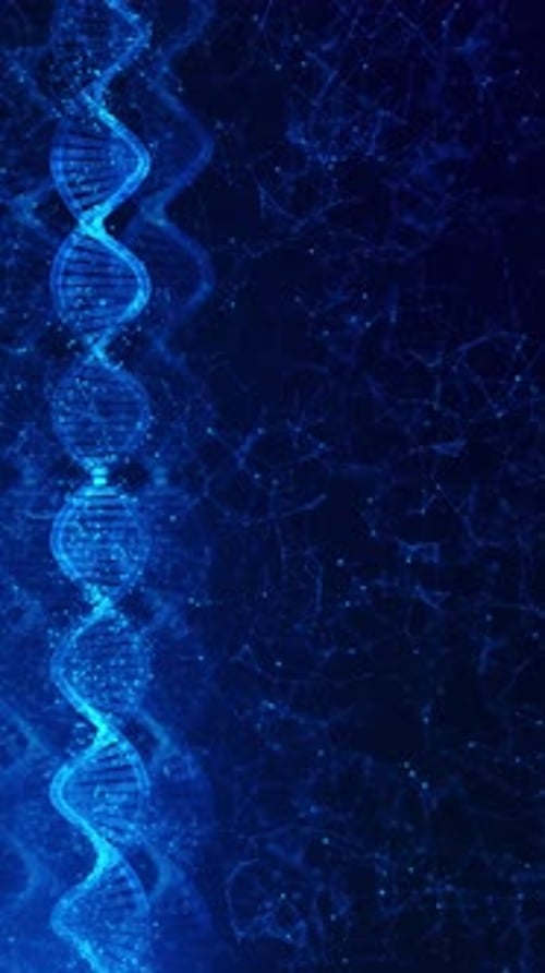 Glühende blaue DNA-Helix mit abstrakten Plexus-Hintergrund-DNA-Strängen, die durch ein Netzwerk verbunden sind