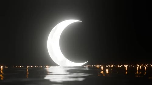 Eid Ramadan Moon Light Reflection on Water with Festival Lamp