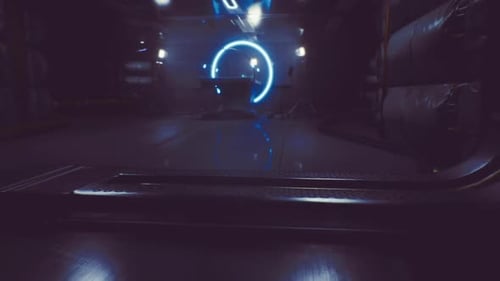 Quiet Maintenance Bay Illuminated By Holograms and Security Sensors Blinking