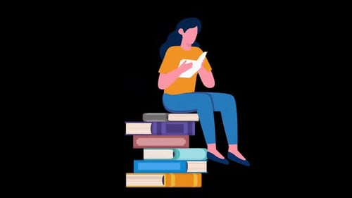 Animated Flat Design Illustration of Person Reading on Stack of Books