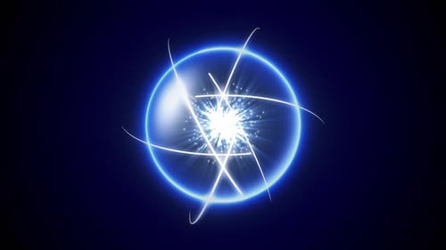 Neonblaue 3D-Kugel. Elektronenteilchen fliegen in der Umlaufbahn einer blauen Kugel auf schwarzem Hintergrund. HD geloopt