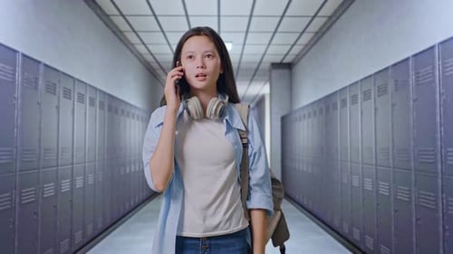 Niña estudiante hablando por teléfono inteligente en el pasillo