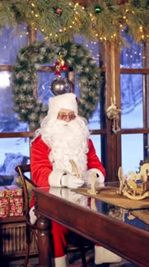 Santa Claus Writing at Decorated Christmas Desk