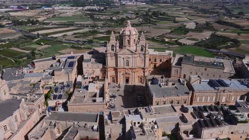 Aerial Panorama of Mdina Old Town and St Pauls Cathedral Malta
