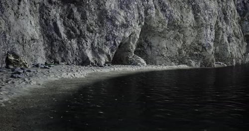 Secluded Beach with Rocky Cliffs and Calm Water at Twilight