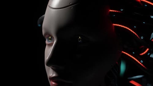 Cybernetic Woman’s Face with Intricate Wiring. Android Portrait: Beauty and Artificiality Combined