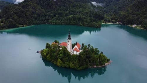 AERIAL Orbiting Shot of the Island in the middle of Lake Bled, Slovenia