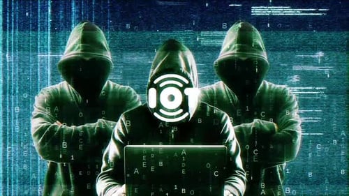 Hooded Hackers with Glitch Effect and IOT Text Reveal