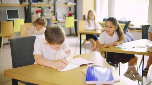 An Elementary School Boy is Doing Classwork in His Notebook and His Classmate a Girl is Asking Him