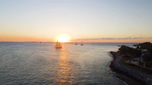 Sailboats sailing at sunset on the ocean