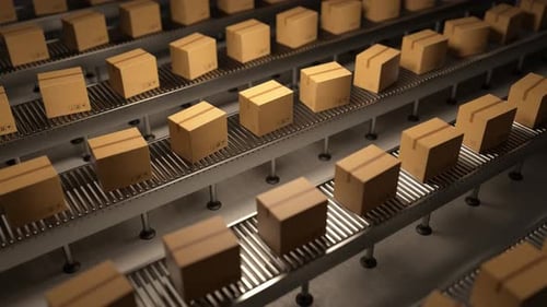 Cardboard boxes moving on automated conveyor belt system