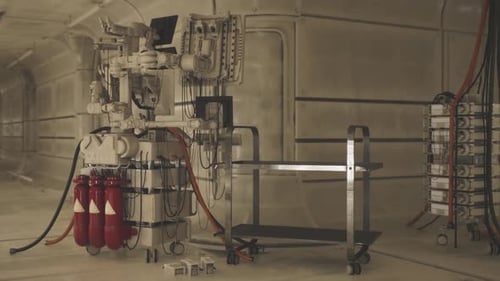 Robot Assists in Futuristic Industrial Setting with Tools and Equipment