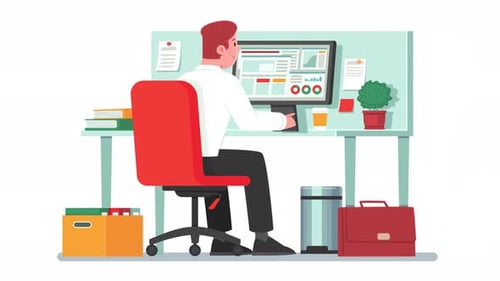 Man working on a computer in the office animation 4k