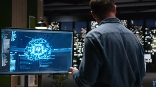 Programmierer im Büro arbeitet mit Tablet an der Behebung von Fehlern bei künstlicher Intelligenz