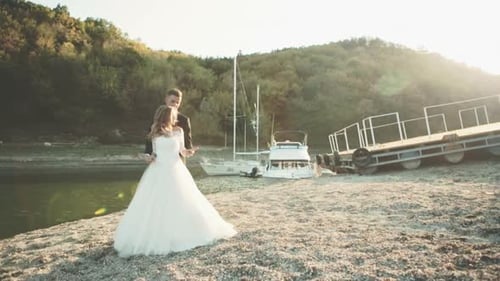 Beautiful Bride and Groom Wedding Couple Near Sea Yacht