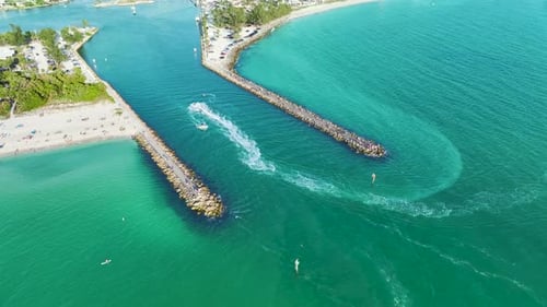North and South Jetty on Nokomis Beach Near Venice Florida Aerial View of Sea Shore with White