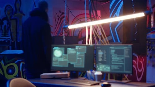 Hooded Hacker Arriving in Hidden Neon Lit Underground Shelter with Graffiti
